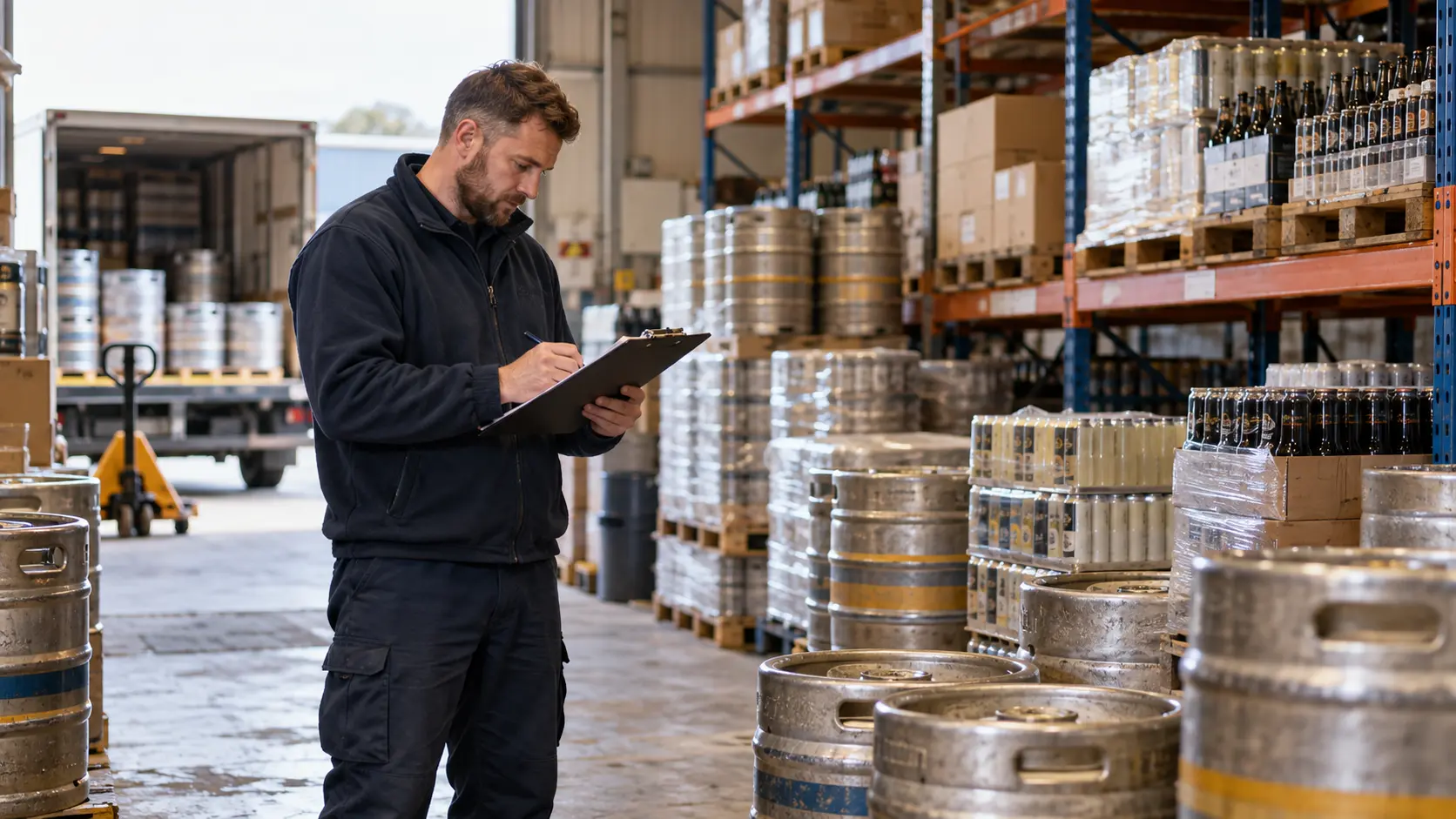 A drinks warehouse worker checking stock