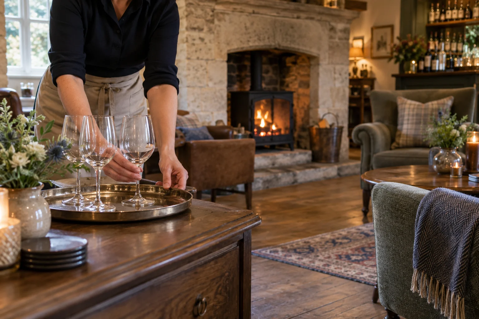 Country inn lounge with glassware ready for guests