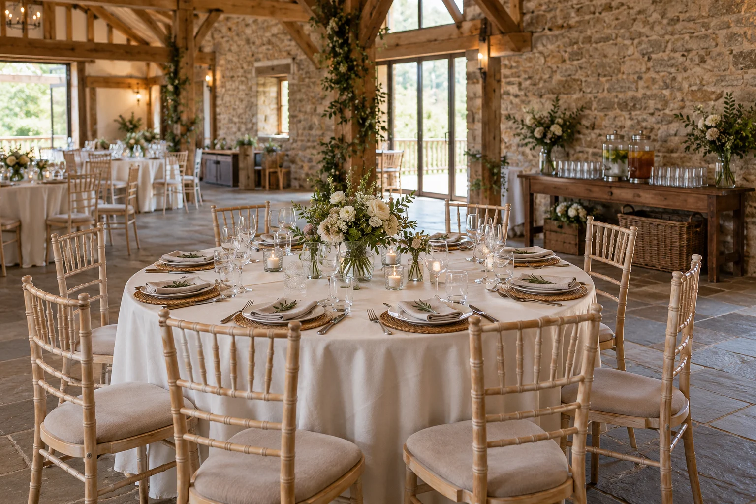 Barn reception with tables and a drinks station